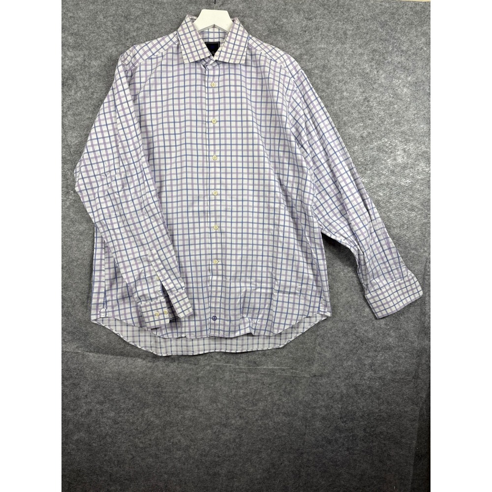 David Donahue Mens 17 36/37 Dress Shirt Blue Purple Check Cotton Long Sleeve